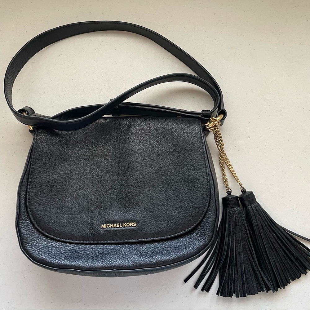 Michael Kors - Elyse Saddle Bag Purse - Black Leather with Gold Accents Classic!